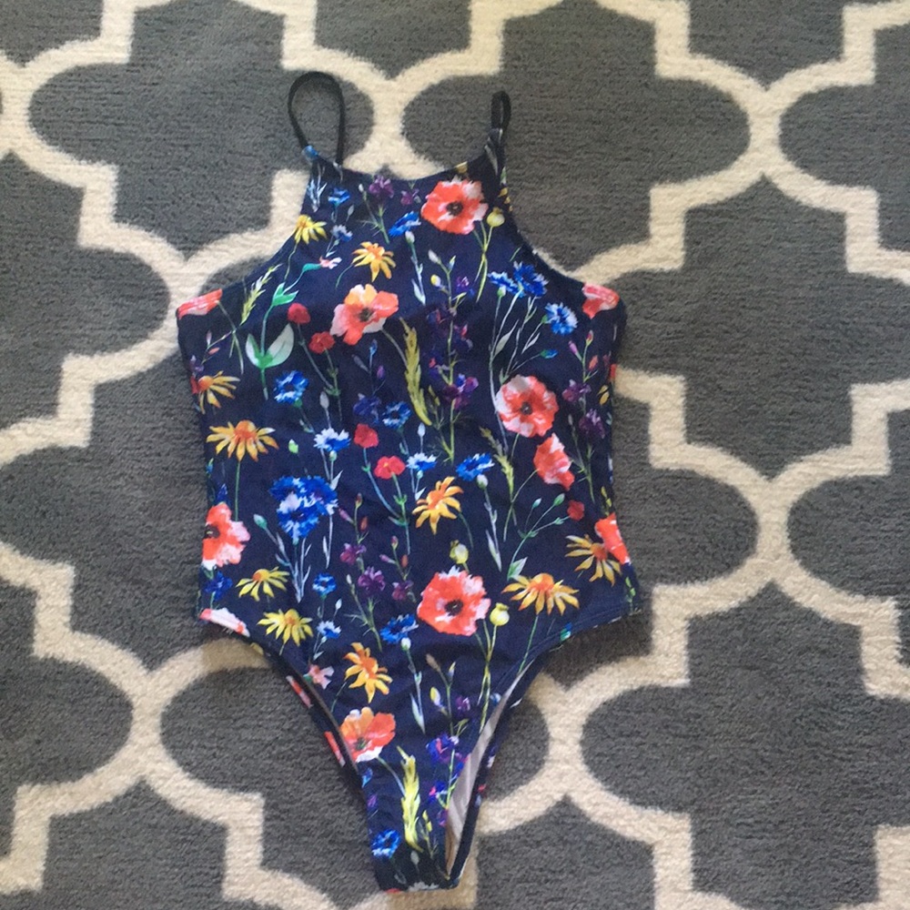 Navy floral print strappy back one piece